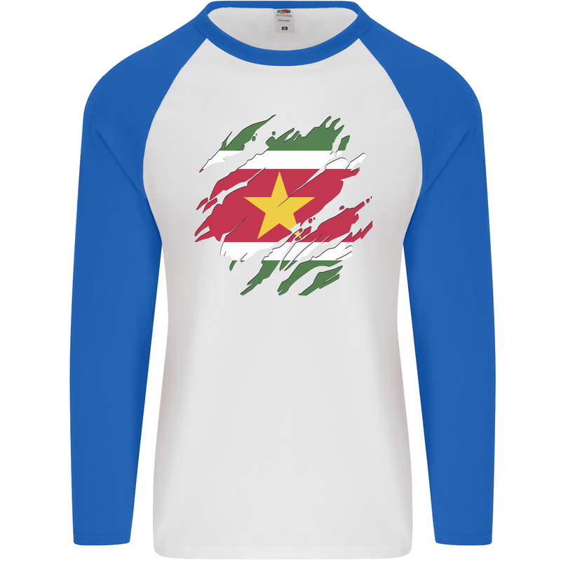 Torn Suriname Flag Suriname Day Football Mens L/S Baseball T-Shirt White/Royal Blue