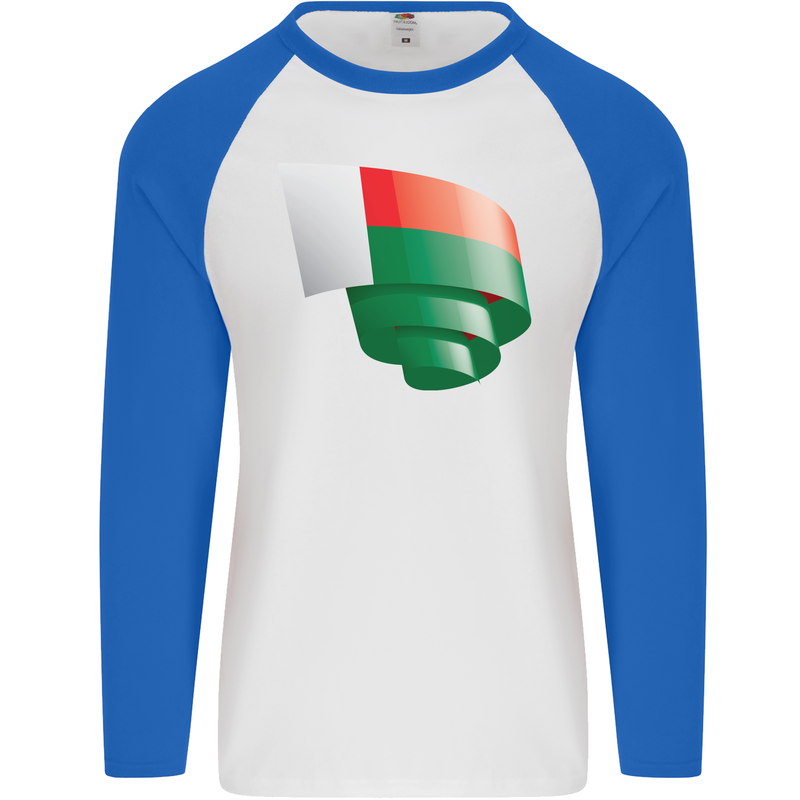 Curled Madagascar Flag Madagascan Day Football Mens L/S Baseball T-Shirt White/Royal Blue