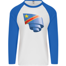Curled DR Congo Flag Congolese Day Football Mens L/S Baseball T-Shirt White/Royal Blue