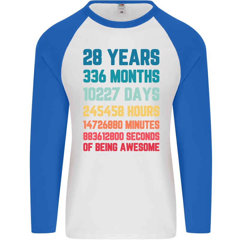 28th Birthday 28 Year Old Mens L/S Baseball T-Shirt White/Royal Blue