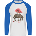 Zebra and Tree Watercolour Mens L/S Baseball T-Shirt White/Royal Blue