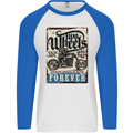 Two Wheels Biker Motorcycle Motorbike Mens L/S Baseball T-Shirt White/Royal Blue