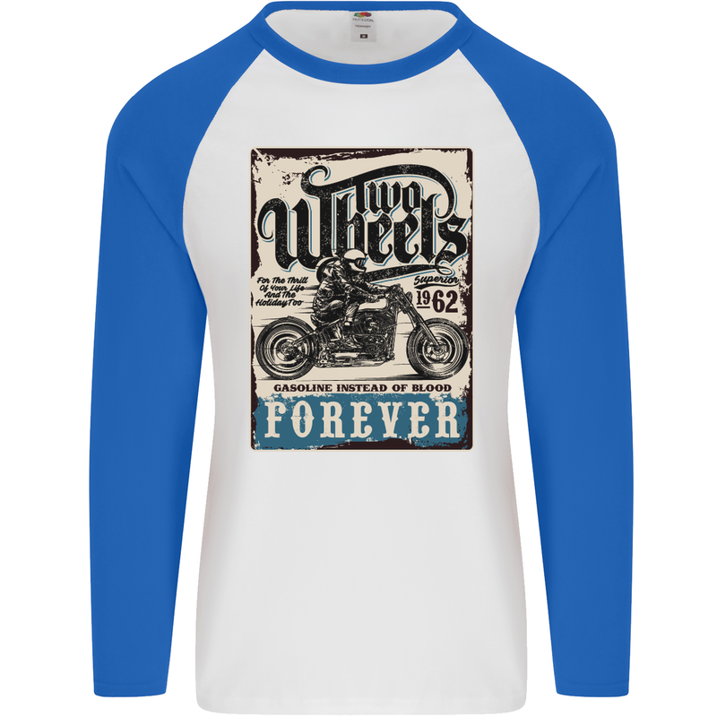 Two Wheels Biker Motorcycle Motorbike Mens L/S Baseball T-Shirt White/Royal Blue