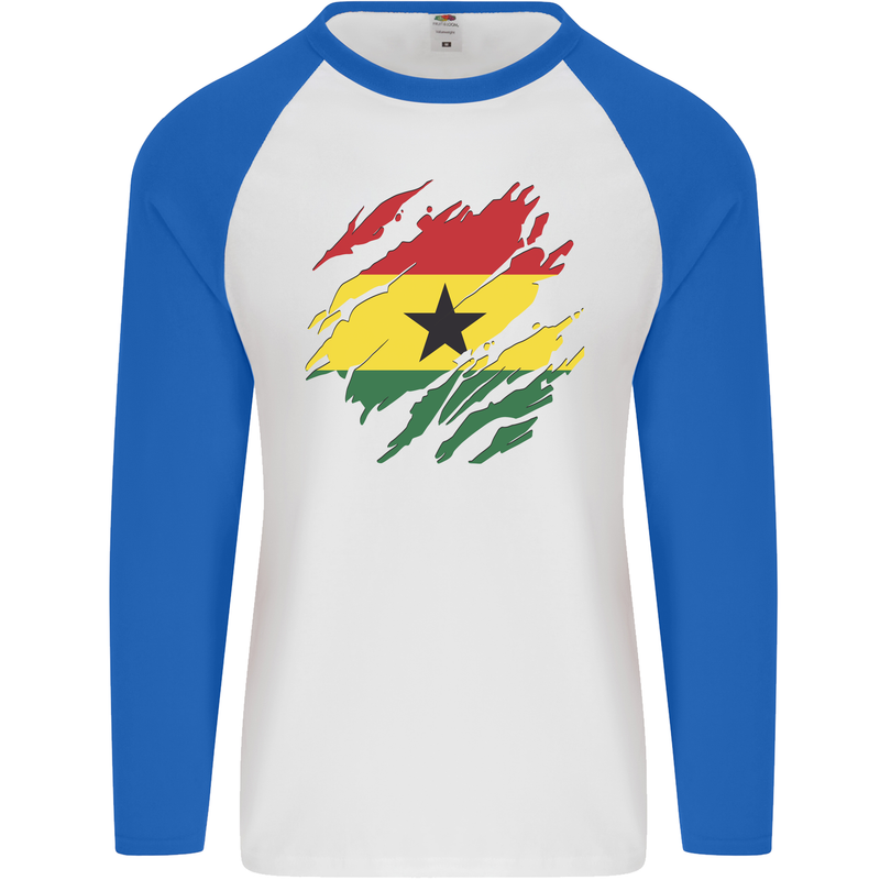 Torn Ghana Flag Ghanaian Day Football Mens L/S Baseball T-Shirt White/Royal Blue