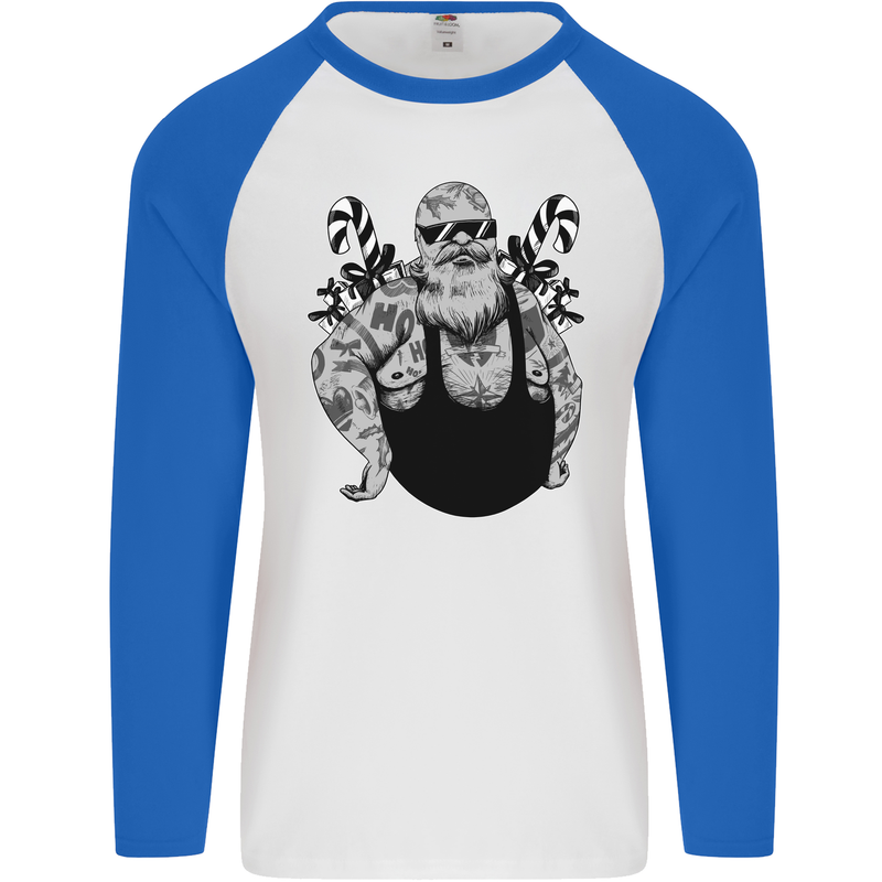 Tattoo Santa Funny Christmas Biker Motorbike Mens L/S Baseball T-Shirt White/Royal Blue