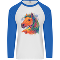 Horse Head Equestrian Mens L/S Baseball T-Shirt White/Royal Blue