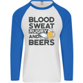 Blood Sweat Rugby and Beers Funny Mens L/S Baseball T-Shirt White/Royal Blue