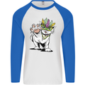 Mardi Gras Festival Cat Mens L/S Baseball T-Shirt White/Royal Blue