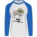 Mardi Gras Festival Cat Mens L/S Baseball T-Shirt White/Royal Blue