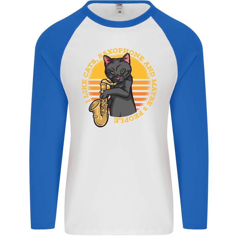 I Like Cats, Saxophones & Maybe 3 People Mens L/S Baseball T-Shirt White/Royal Blue