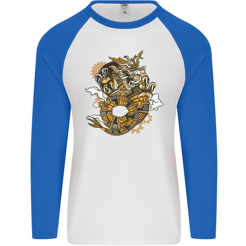 Steampunk Dragon Mens L/S Baseball T-Shirt White/Royal Blue