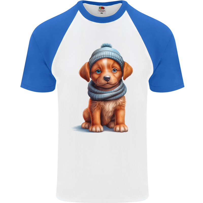 Winter Puppy With Hat and Scarf Dog Mens S/S Baseball T-Shirt White/Royal Blue