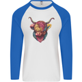 Colourful Highland Cow Mens L/S Baseball T-Shirt White/Royal Blue