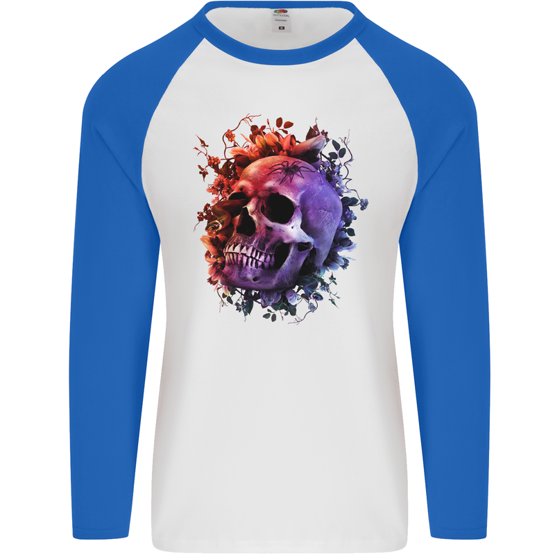 Skull With Spider Flowers and Spider Mens L/S Baseball T-Shirt White/Royal Blue