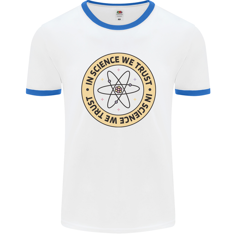 In Science We Trust Physics Geek Nerd Mens Ringer T-Shirt White/Royal Blue