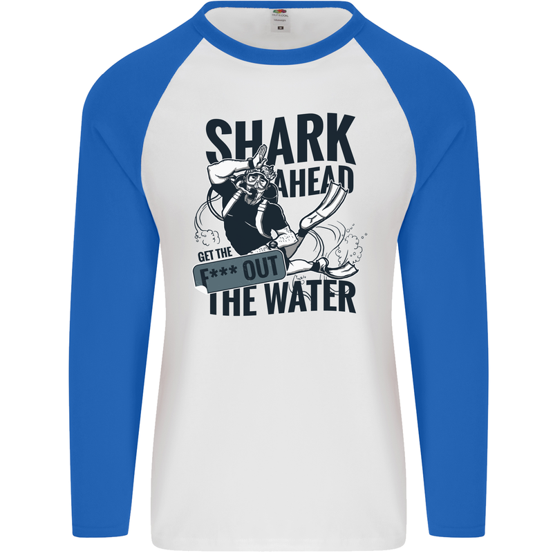 Shark Ahead Funny Scuba Diving Diver Mens L/S Baseball T-Shirt White/Royal Blue