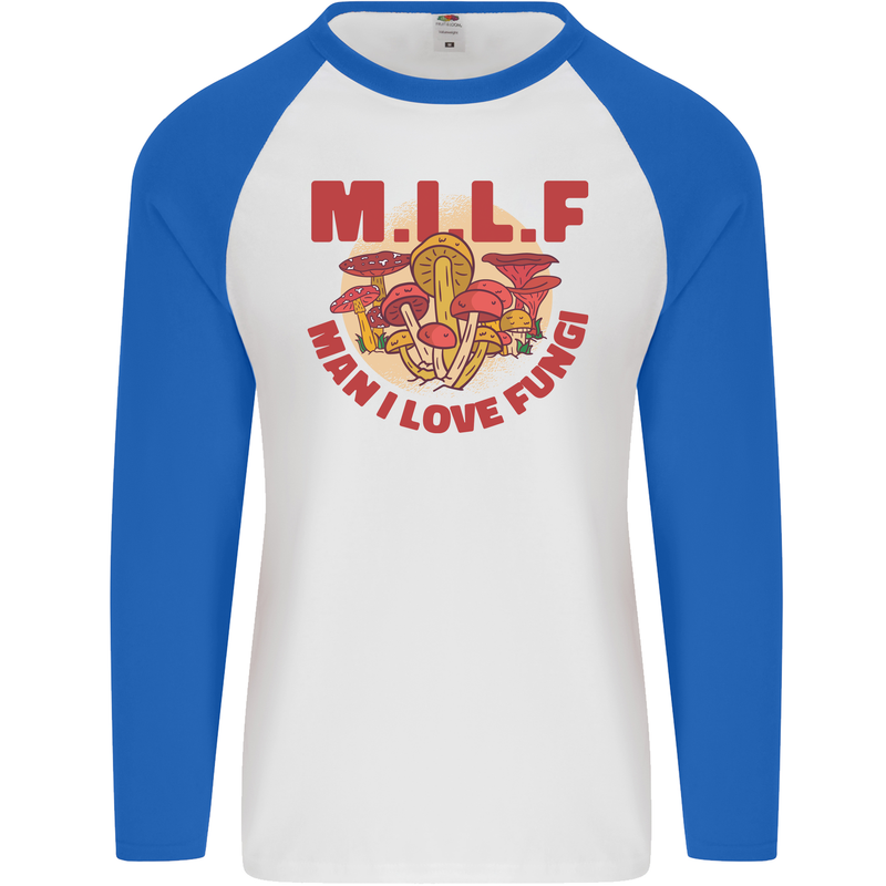 MILF Man I Love Fungi Mycology Foraging Mens L/S Baseball T-Shirt White/Royal Blue