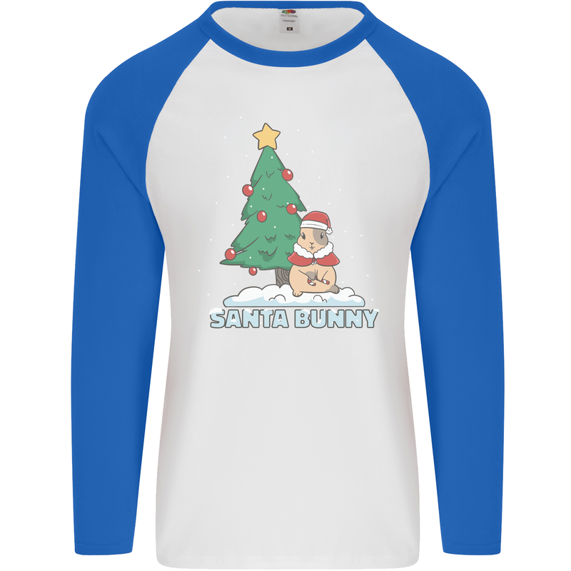 Funny Christmas Santa Bunny Mens L/S Baseball T-Shirt White/Royal Blue