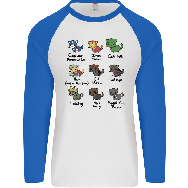 Funny Cat Superheroes Mens L/S Baseball T-Shirt White/Royal Blue