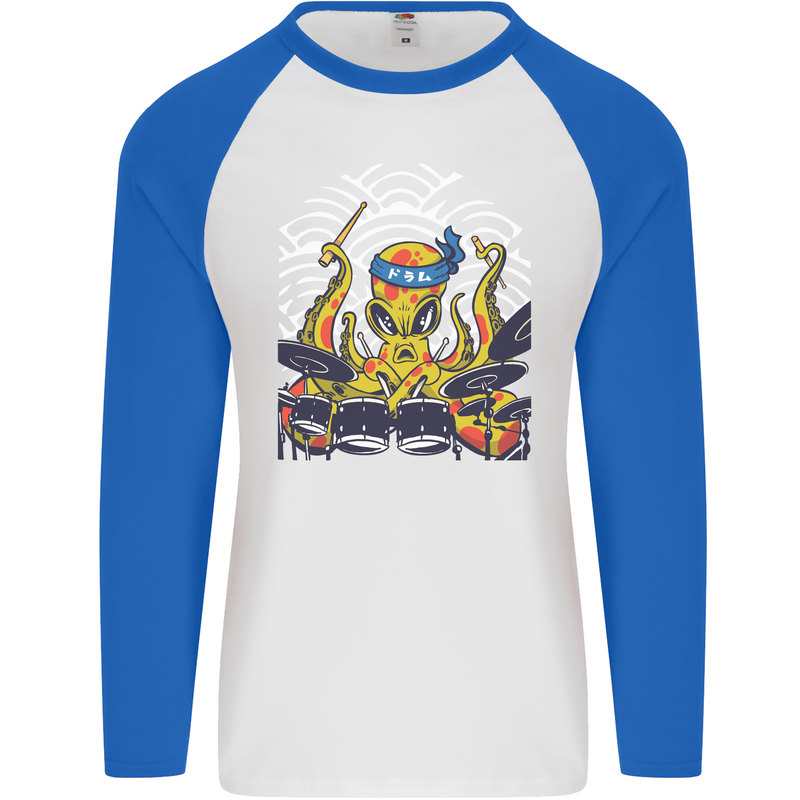 Japanese Octopus Drummer Drumming Drums Mens L/S Baseball T-Shirt White/Royal Blue