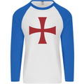 Knights Templar Cross Fancy Dress Outfit Mens L/S Baseball T-Shirt White/Royal Blue