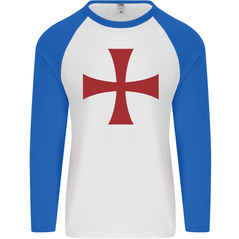 Knights Templar Cross Fancy Dress Outfit Mens L/S Baseball T-Shirt White/Royal Blue