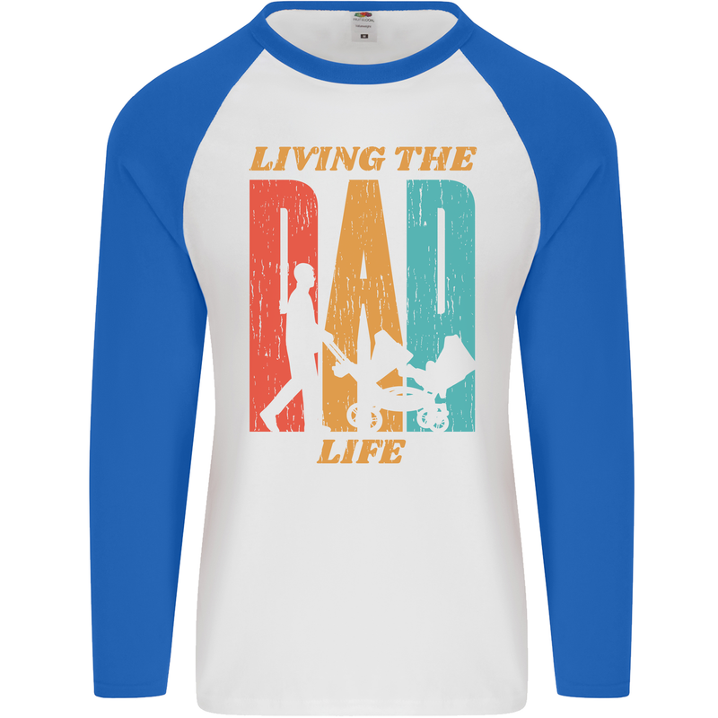 Fathers Day Living the Dad Life Twins Funny Mens L/S Baseball T-Shirt White/Royal Blue