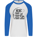 Here Fishy Fishy Funny Fishing Fisherman Mens L/S Baseball T-Shirt White/Royal Blue