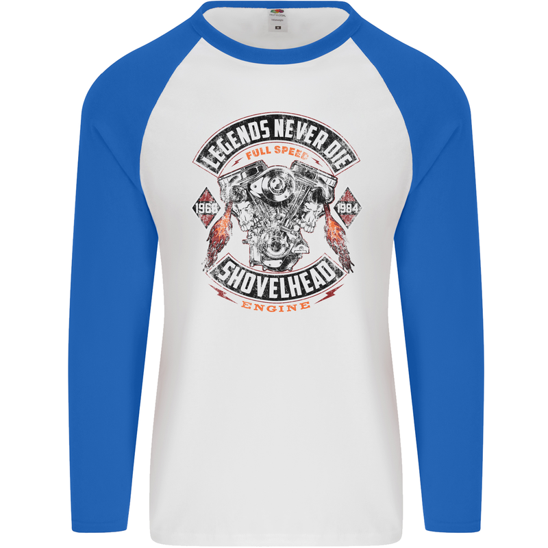 Legends Never Die Biker Motorbike Mens L/S Baseball T-Shirt White/Royal Blue