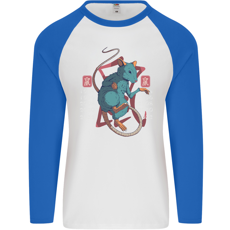 Chinese Zodiac Shengxiao Year of the Rat Mens L/S Baseball T-Shirt White/Royal Blue