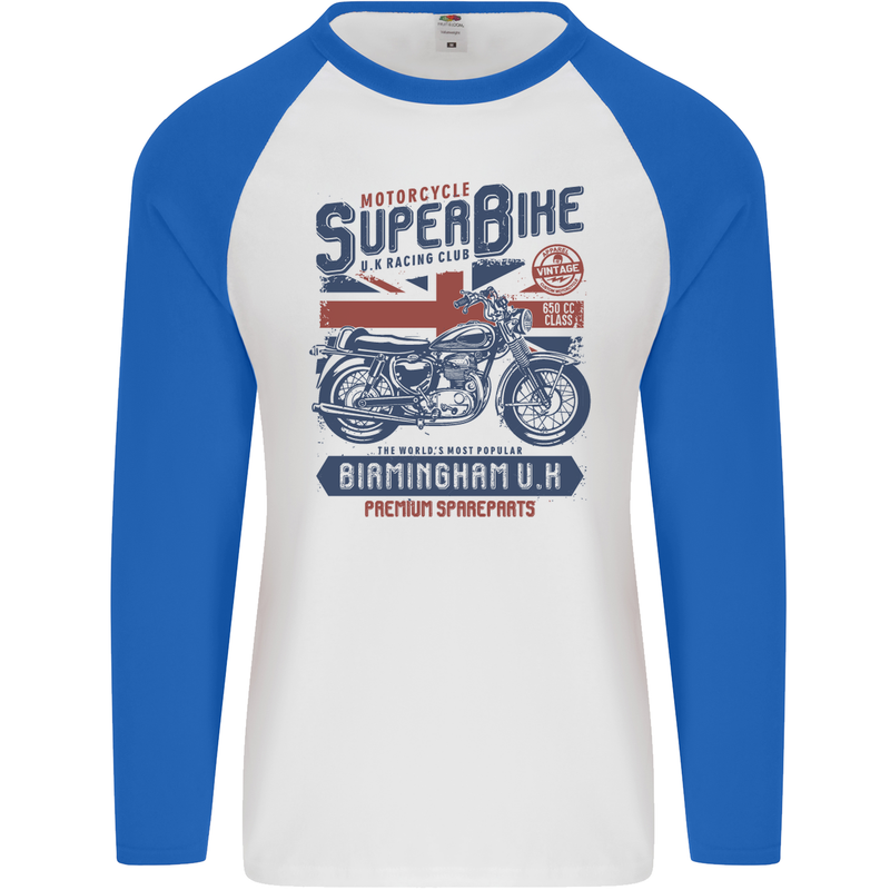 Motorcycle Superbike Birmingham U.K. Biker Mens L/S Baseball T-Shirt White/Royal Blue