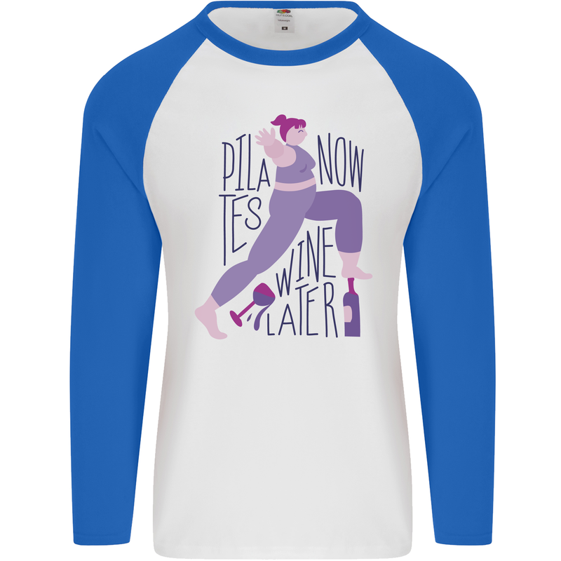 Yoga Pilates Now Wine Later Funny Alcohol Mens L/S Baseball T-Shirt White/Royal Blue