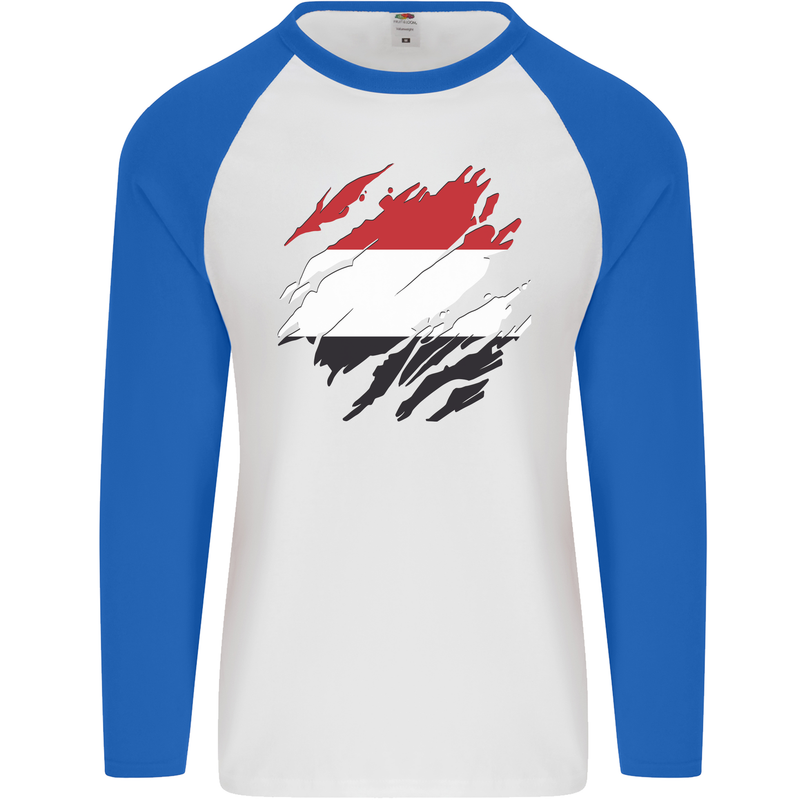 Torn Yemen Flag Yemeni Day Football Mens L/S Baseball T-Shirt White/Royal Blue