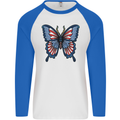 American Butterfly Flag USA July 4th Mens L/S Baseball T-Shirt White/Royal Blue