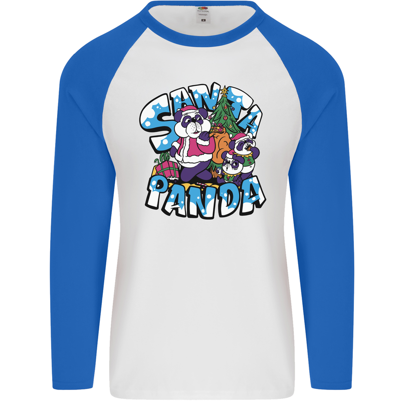 Funny Christmas Santa Panda Mens L/S Baseball T-Shirt White/Royal Blue