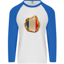 The French Tricolour Flag Fire France Mens L/S Baseball T-Shirt White/Royal Blue