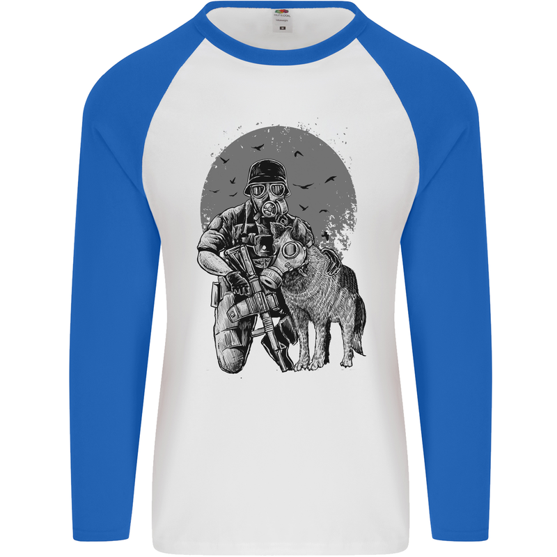 Gas Mask & Dog Apocalypse Armed Militia Mens L/S Baseball T-Shirt White/Royal Blue