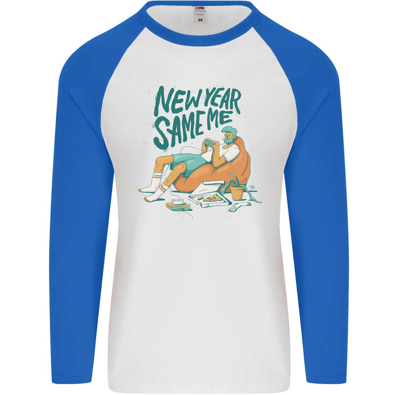 New Year Same Me Resolution Gaming Lazy Mens L/S Baseball T-Shirt White/Royal Blue