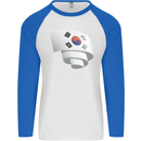 Curled South Korea Flag Korean Day Football Mens L/S Baseball T-Shirt White/Royal Blue