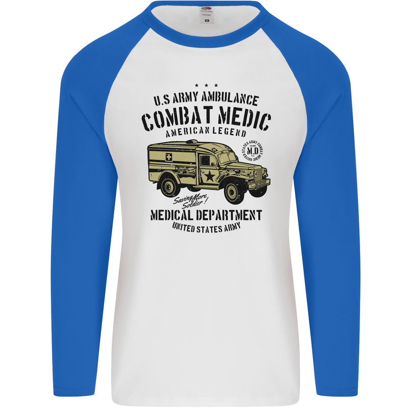 Army Ambulance Military Paramedic Medic Mens L/S Baseball T-Shirt White/Royal Blue