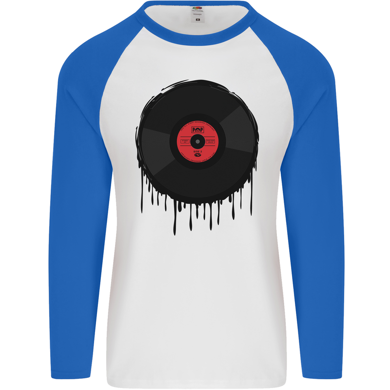 A Dripping Vinyl Record Turntable Decks DJ Mens L/S Baseball T-Shirt White/Royal Blue