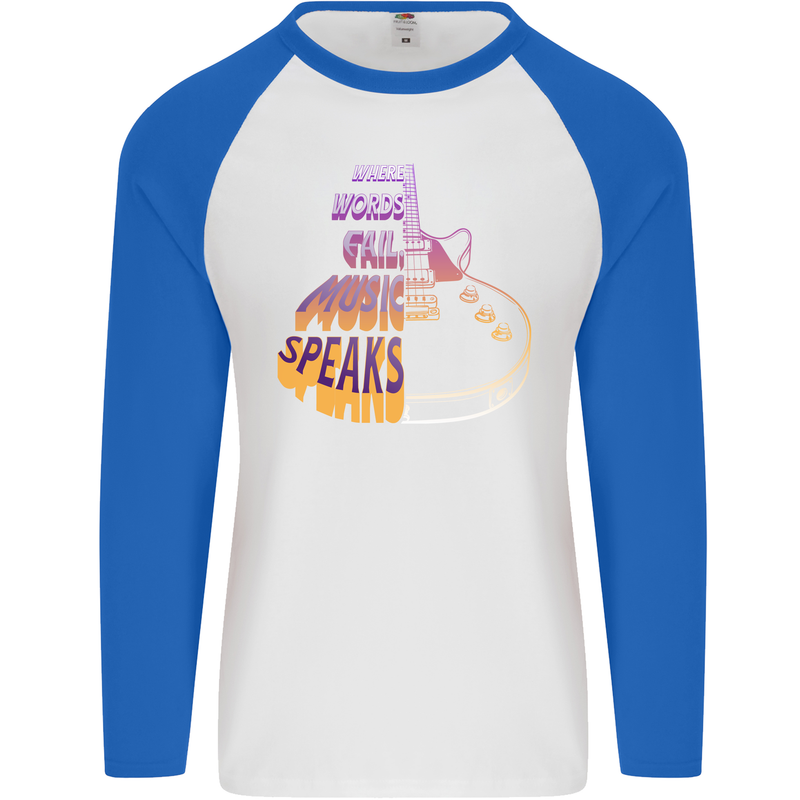 Where Words Fail Music Speaks Guitar Rock Mens L/S Baseball T-Shirt White/Royal Blue