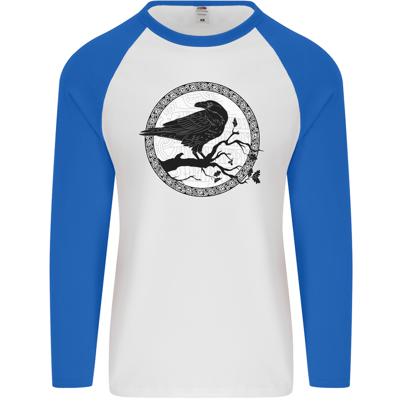 Viking Crow Celtic Norse Valhalla Odin Thor Mens L/S Baseball T-Shirt White/Royal Blue