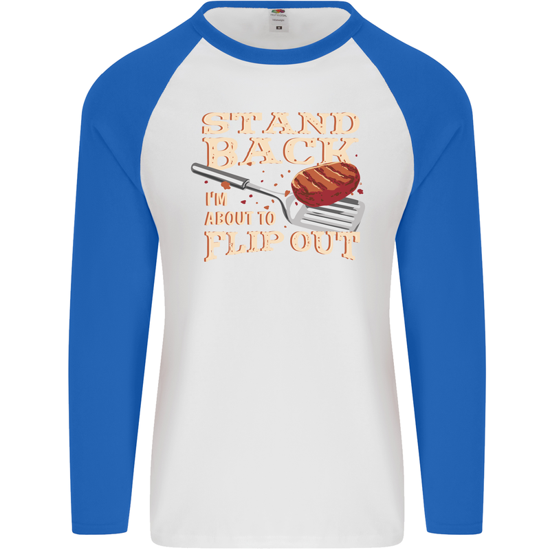 Flip Out Funny BBQ Grill Mens L/S Baseball T-Shirt White/Royal Blue