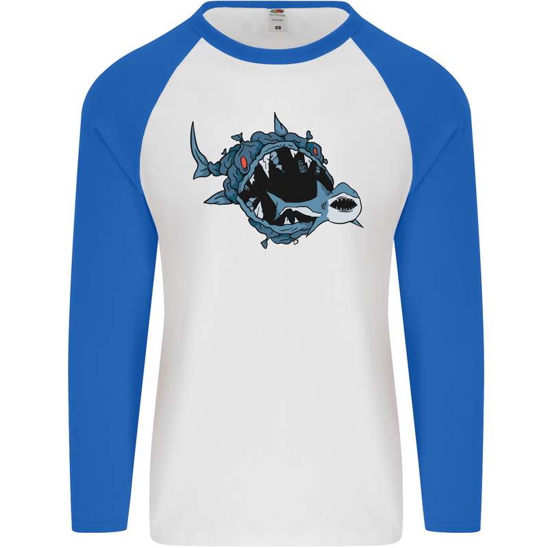 Pollution Great White Shark Climate Change Mens L/S Baseball T-Shirt White/Royal Blue