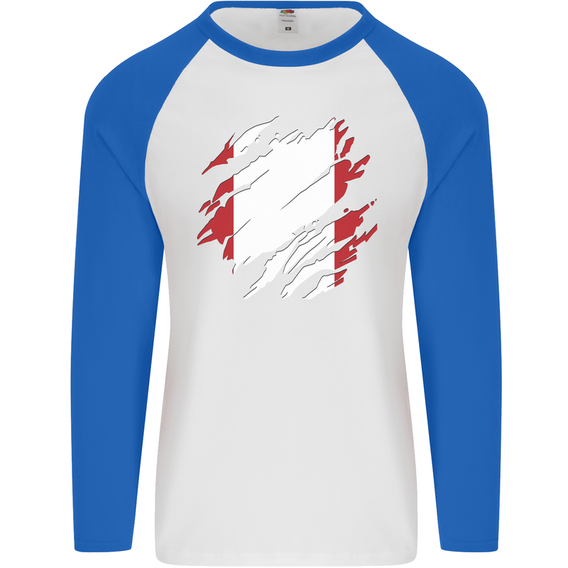 Torn Peru Flag Peruvian Day Football Mens L/S Baseball T-Shirt White/Royal Blue