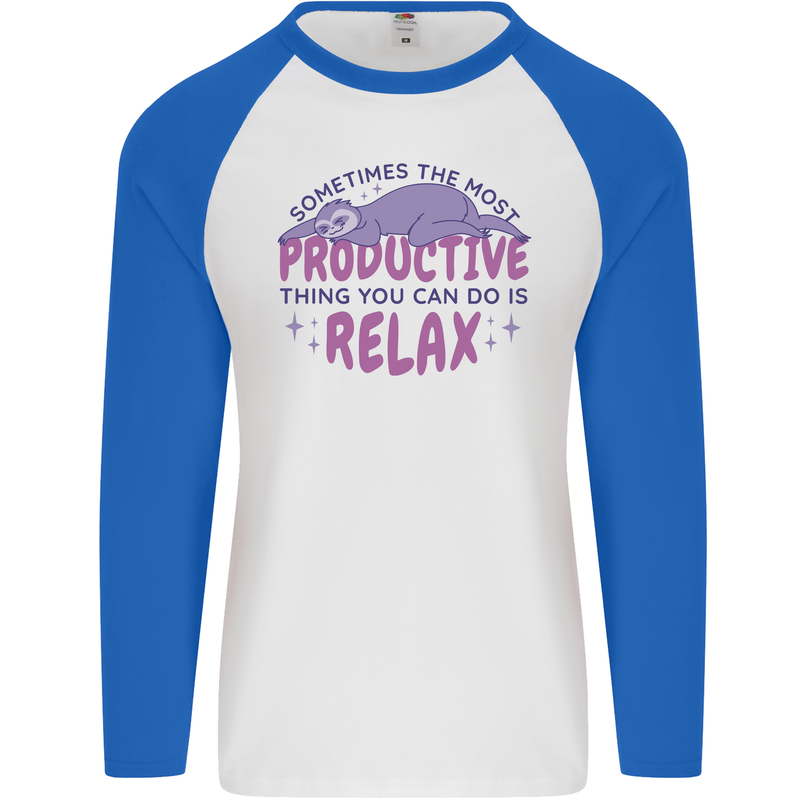 Funny Relaxing Sloth Mens L/S Baseball T-Shirt White/Royal Blue