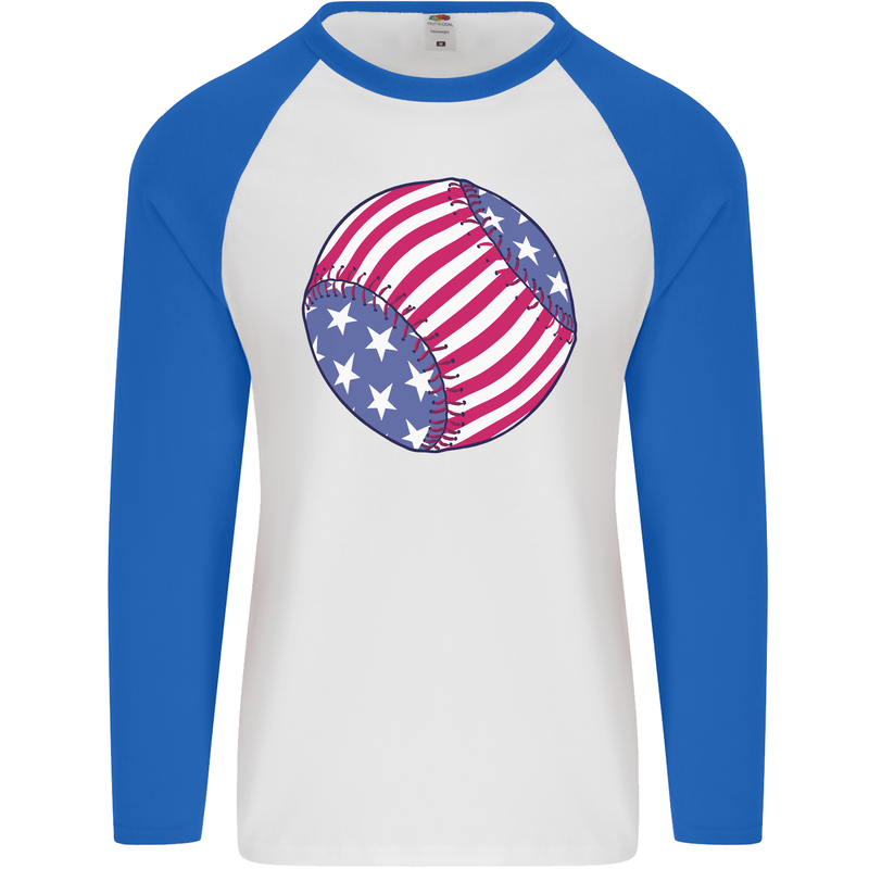 Baseball USA Stars and Stripes American Flag Mens L/S Baseball T-Shirt White/Royal Blue