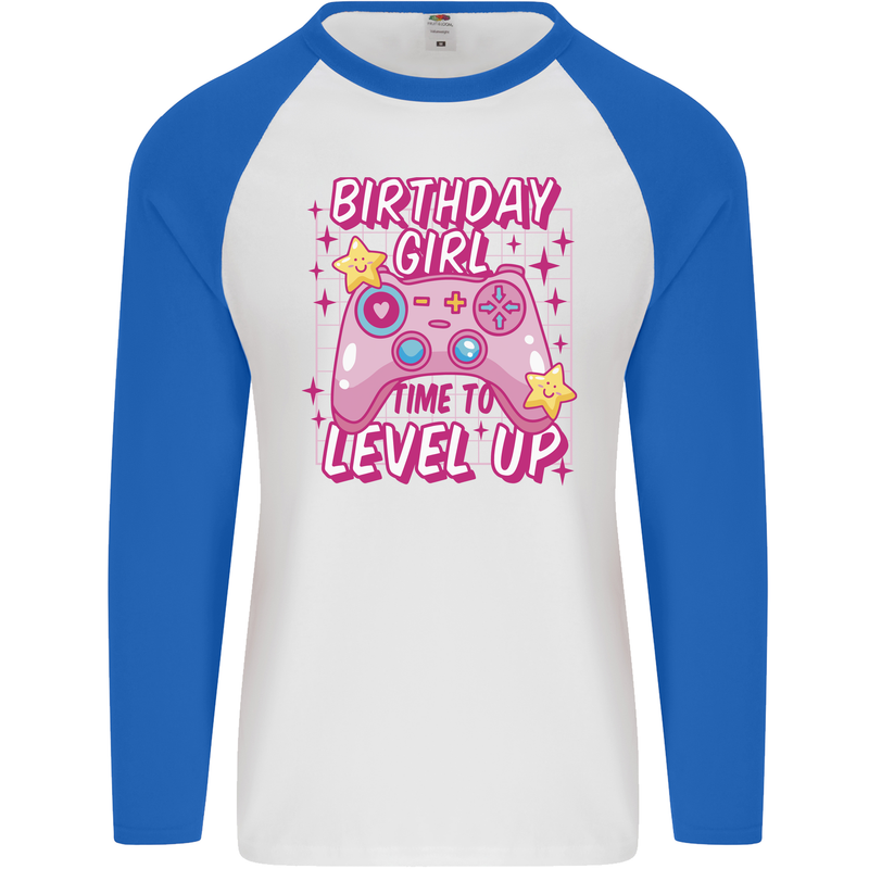 Birthday Girl Level Up Gaming Gamer 6th 7th 8th Mens L/S Baseball T-Shirt White/Royal Blue