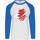 Torn Bahrain Flag Bahraini Day Football Mens L/S Baseball T-Shirt White/Royal Blue